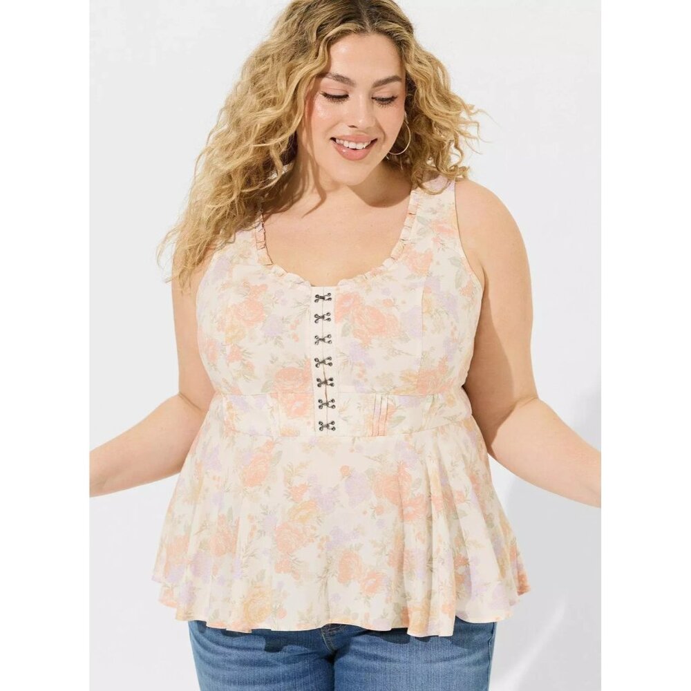 Torrid Babydoll Challis Corset Top Lush Floral Dewβ Sleeveless Peach NWT 4 (4X)
